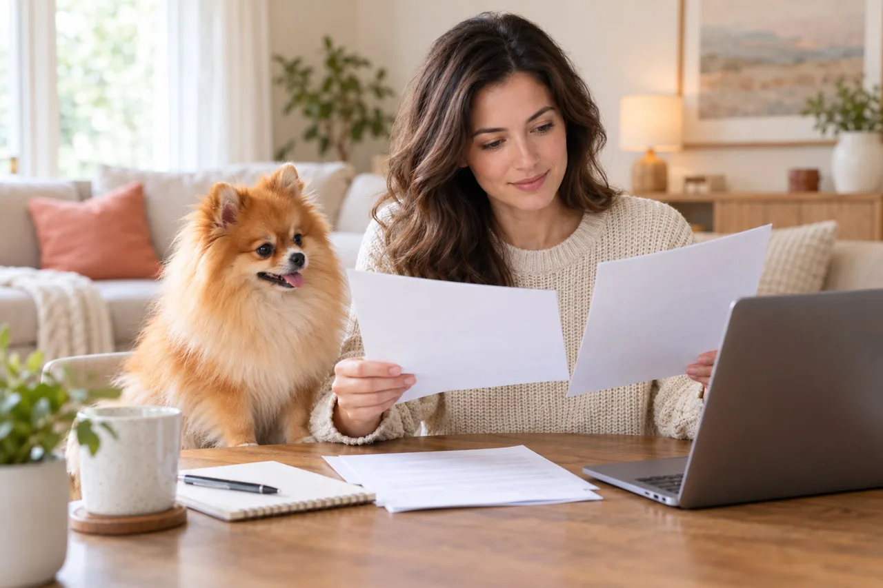 Small fluffy dog beside an owner reviewing papers